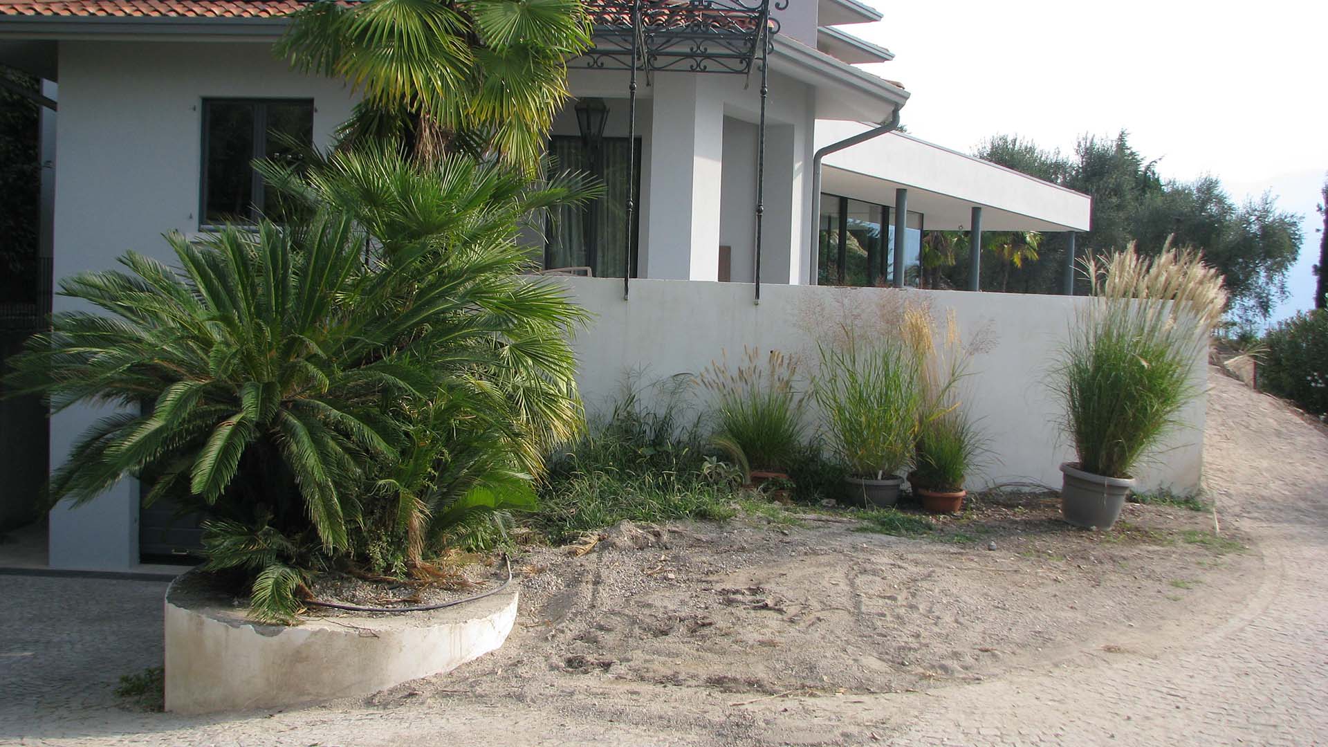 Sentiero curvo in pietra tra graminacee e vegetazione autoctona in giardino naturalistico a Gargnano